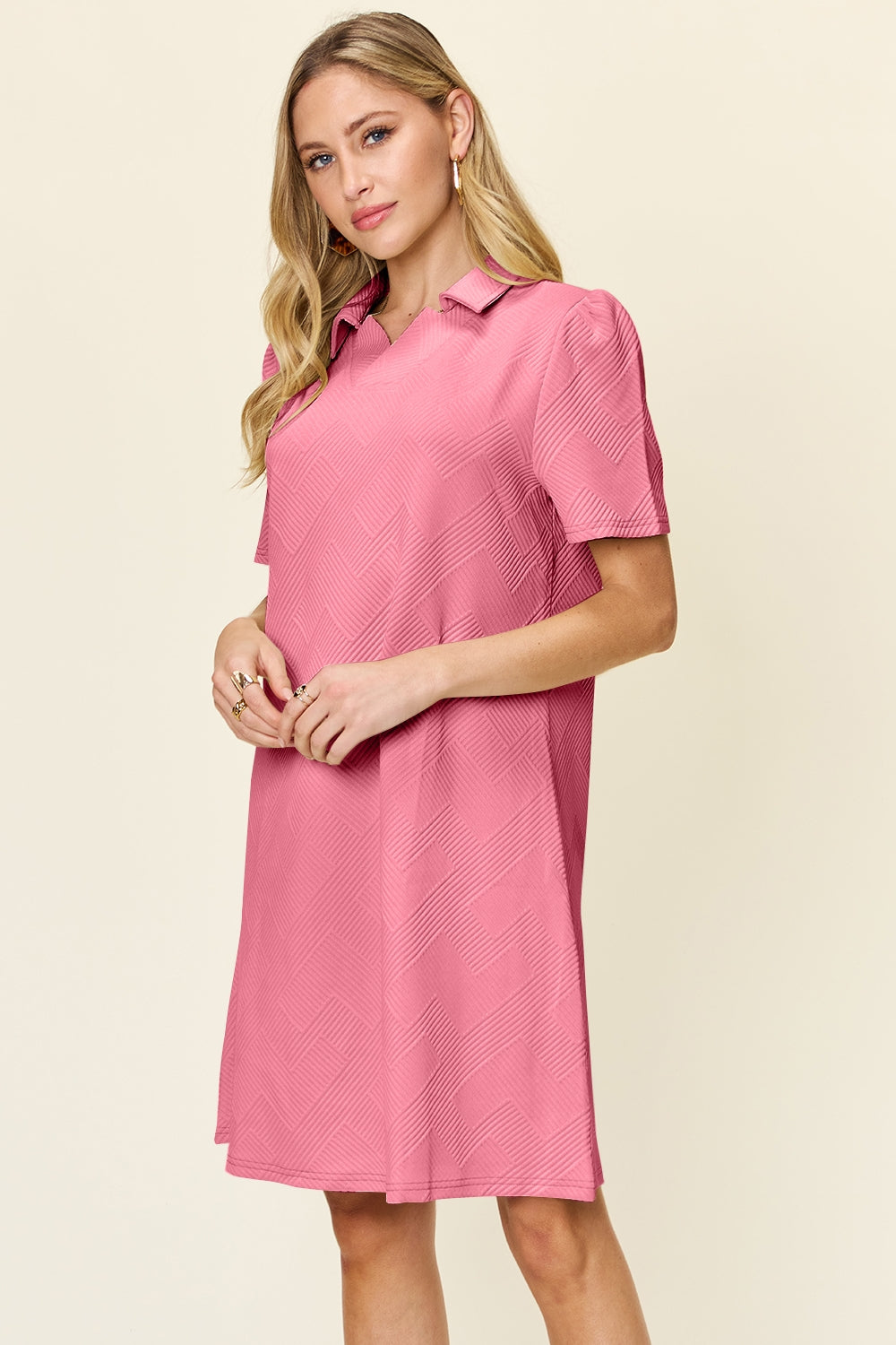 Collared Neck Short Sleeve Textured Mini Dress for Women
