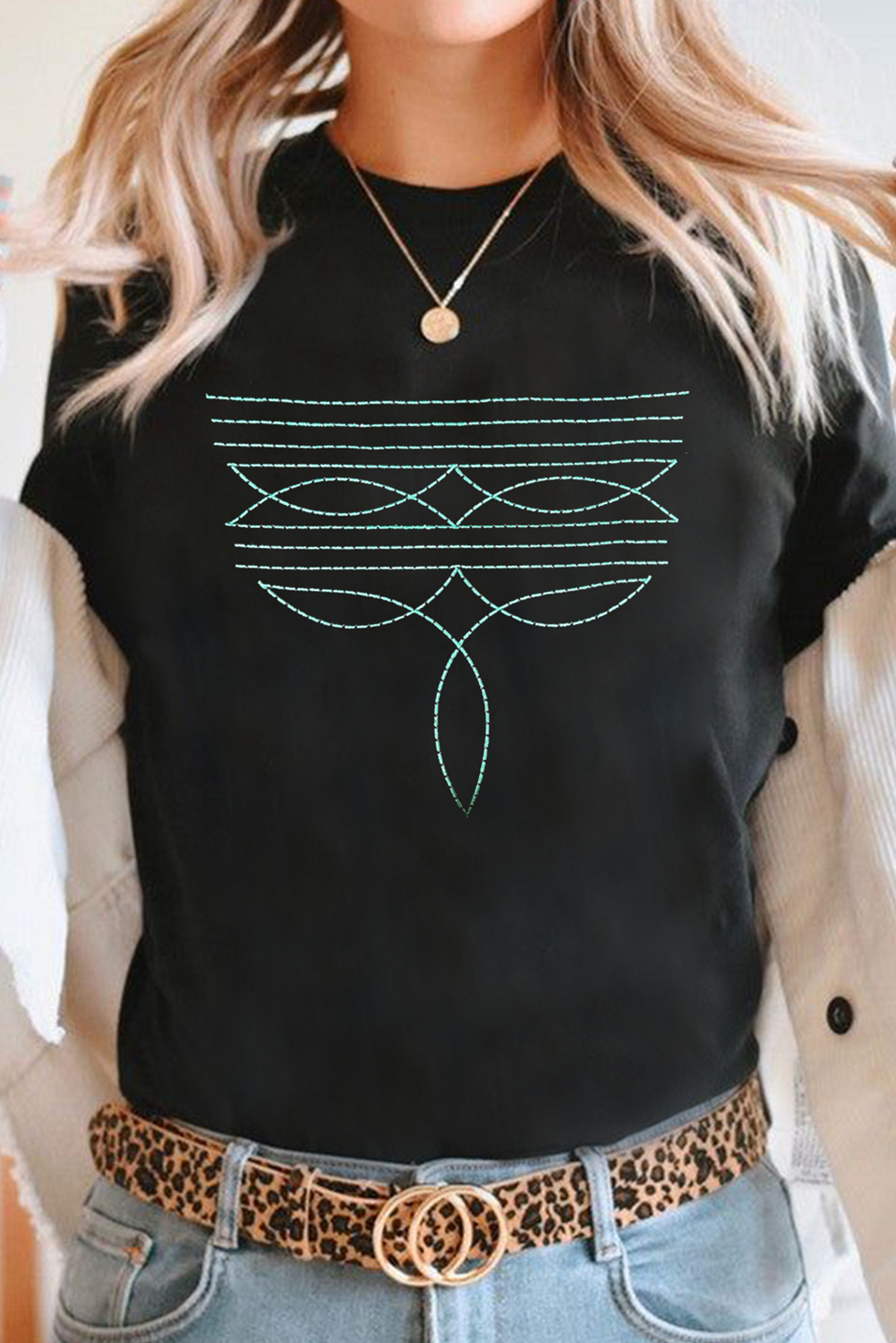 Black Western Geometric Embroidered T-Shirt