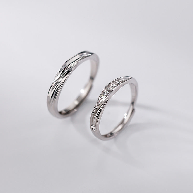 S925 Sterling Silver Love Frequency Couple Rings, Minimalist Wavy Texture Pair Rings, Micro-set Zirconia, Light Luxury Finger Rings