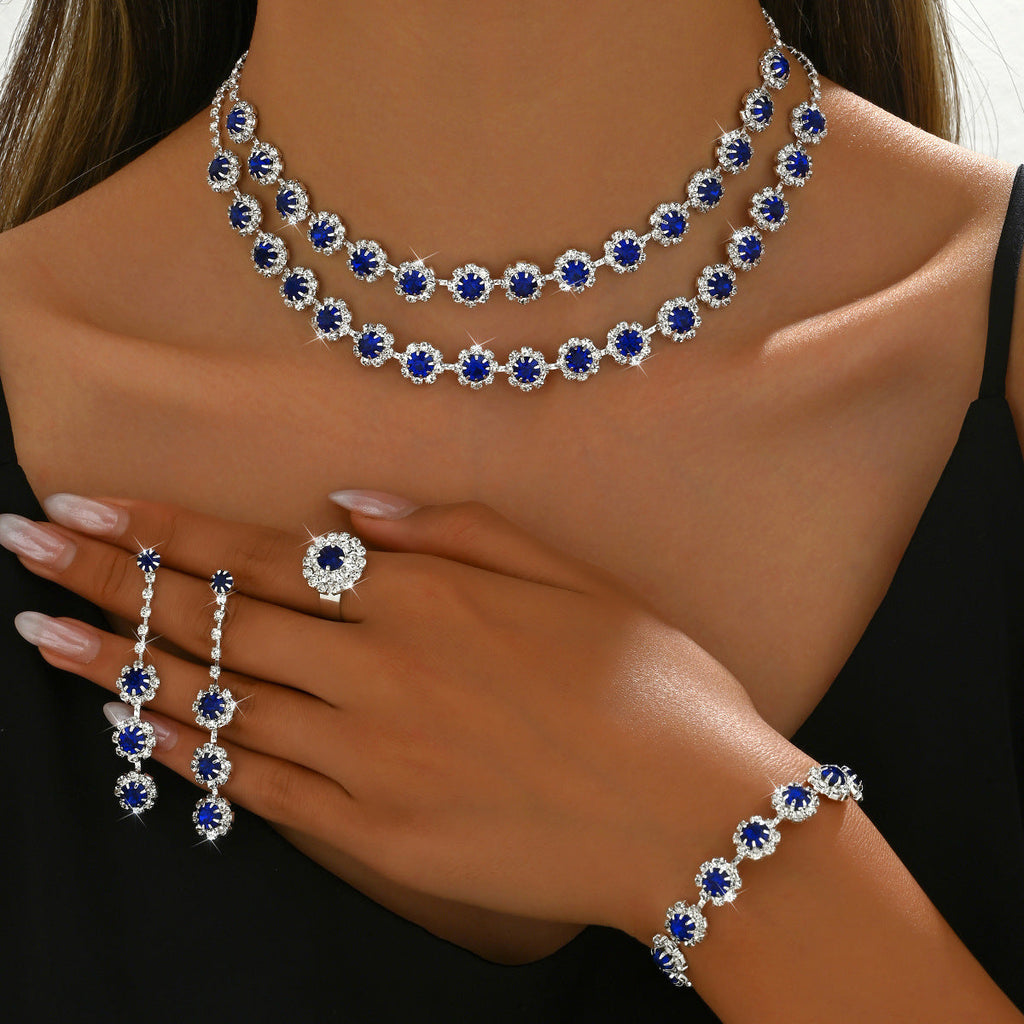 2026 Hot Cross-border Wedding Accessories Double-layer Sunflower Diamond Necklace Earrings Bracelet Ring Four-piece Set