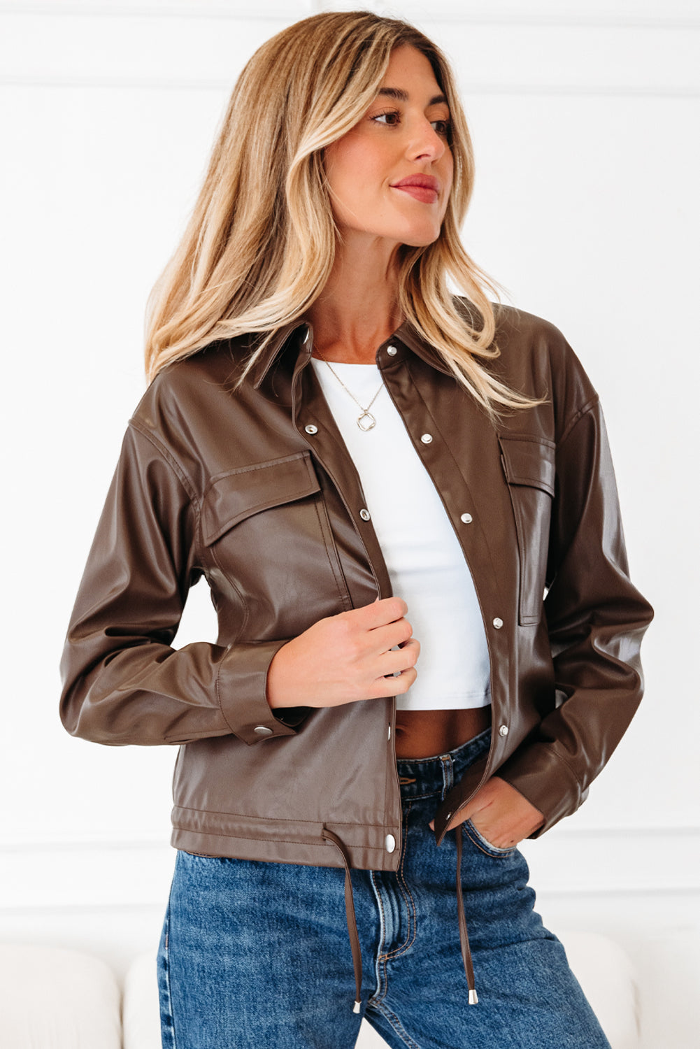 Leather Drawstring Hem Pocketed Jacket