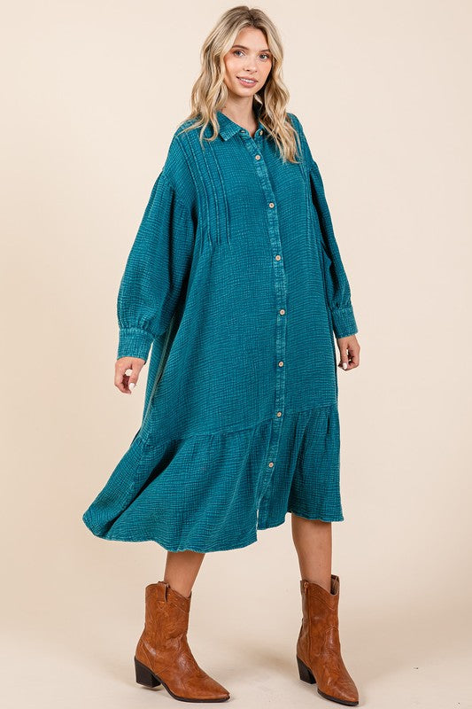 Cotton Gauze Ruffle Midi Shirt Dress in Teal