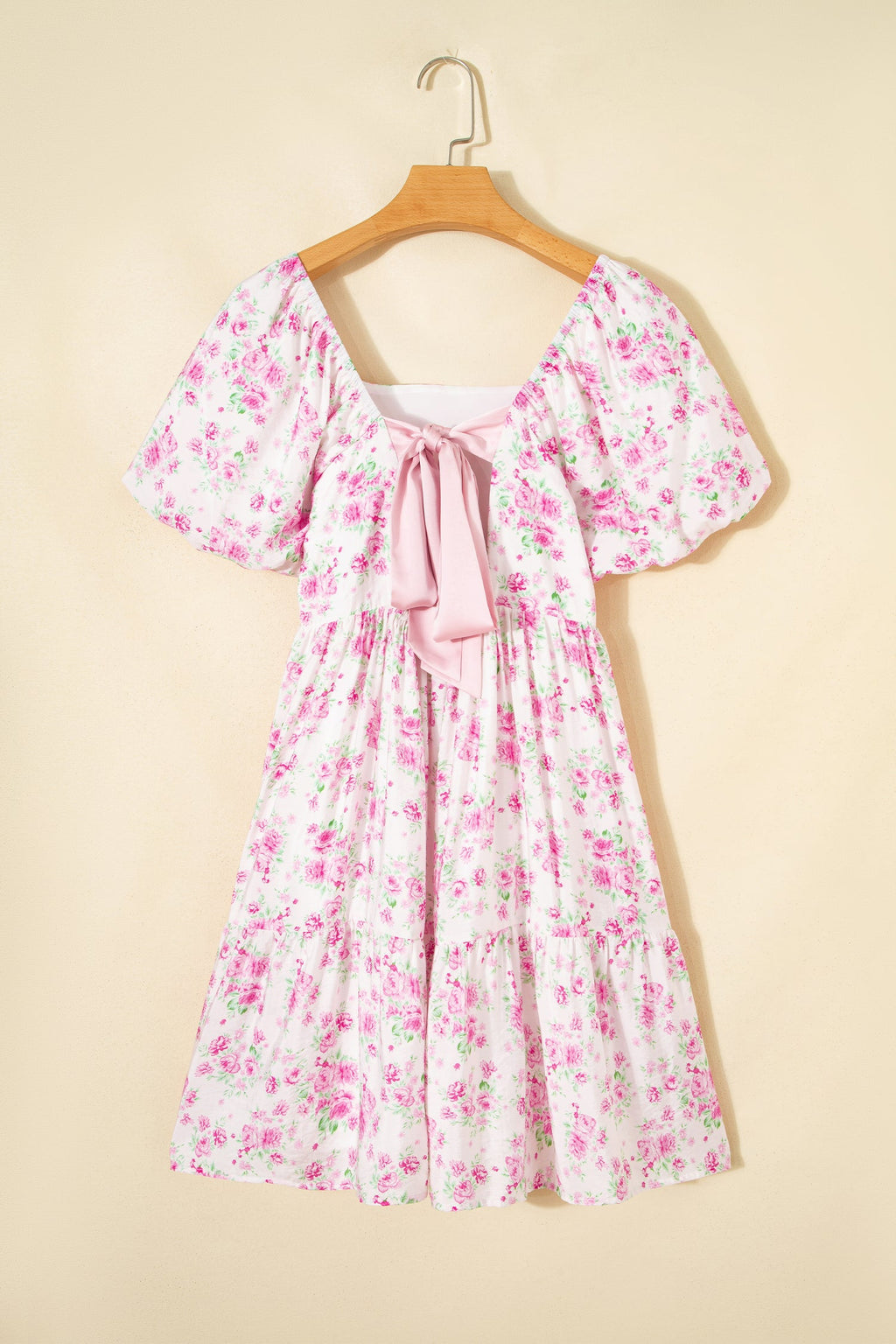 Floral Square Neck Bow Tie Back Mini Dress in White and Pink