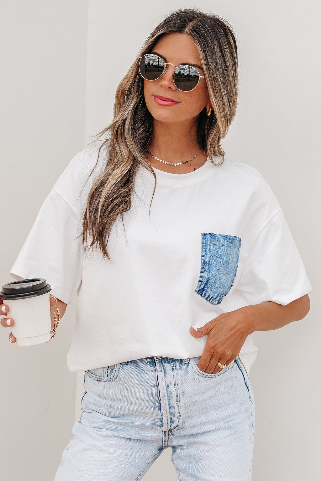 Colorblock Chest Pocket Patch Short Sleeve Top
