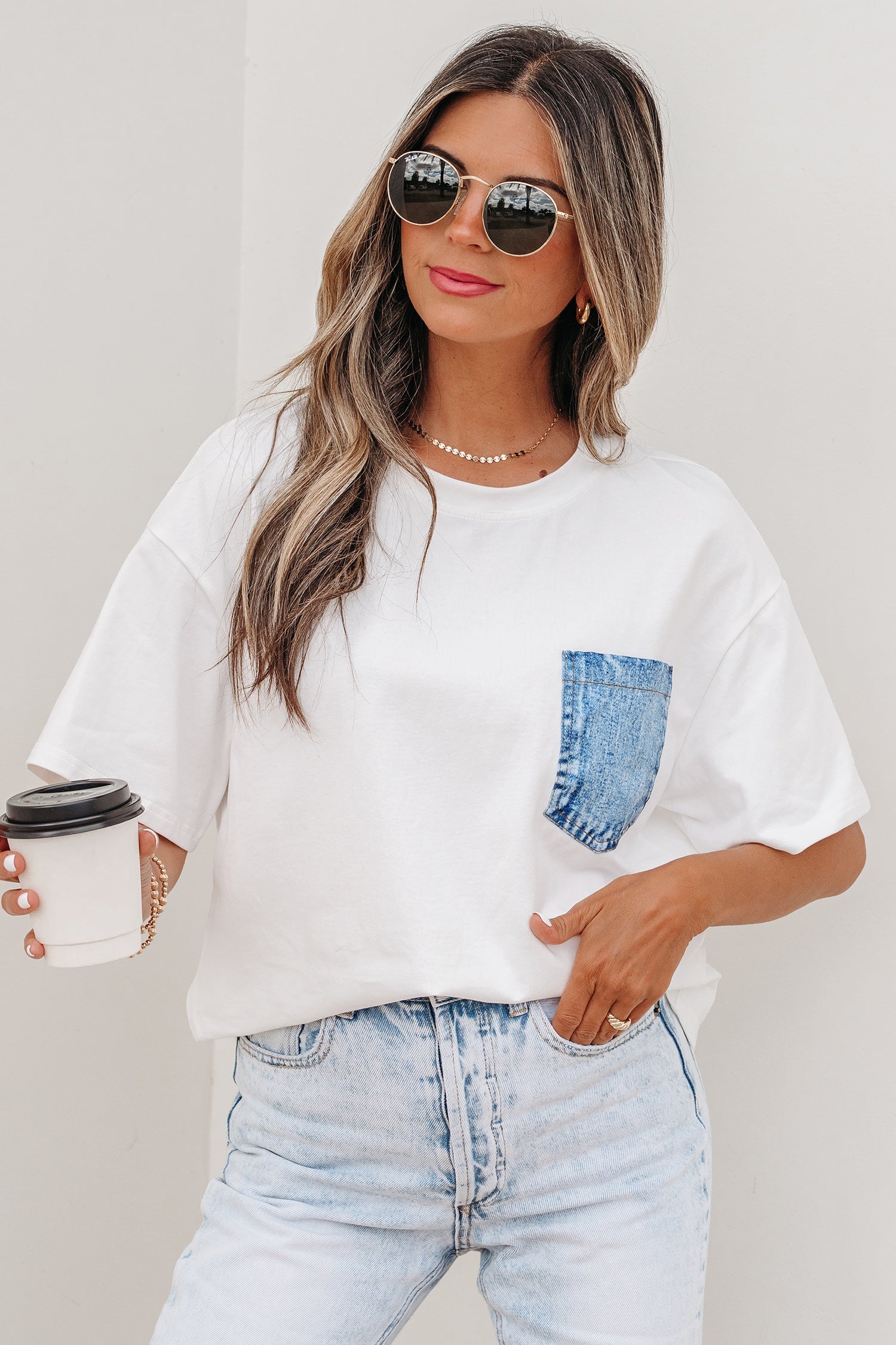 Colorblock Chest Pocket Patch Short Sleeve Top