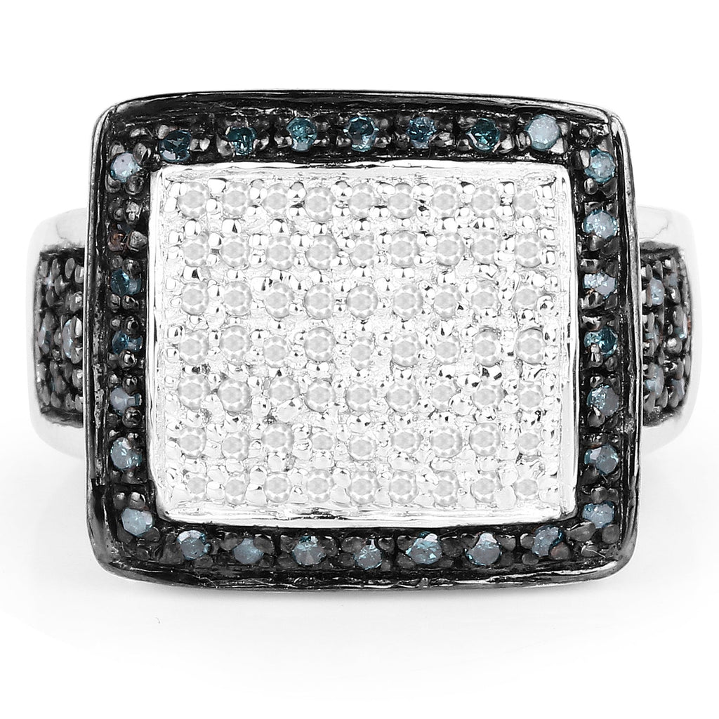 0.64 Carat Genuine White Diamond and Blue Diamond .925 Sterling Silver Ring