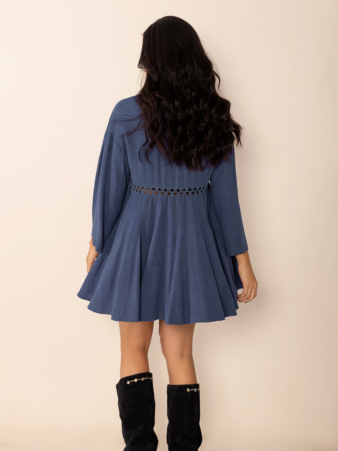 Dusty Blue Long Sleeve Mini Dress with Cutout & Buttons