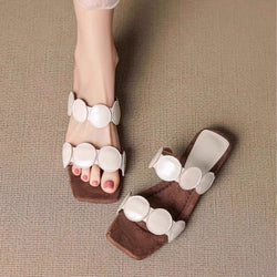 Korean style square toe sheepskin slip-on mules in a minimalist flat design