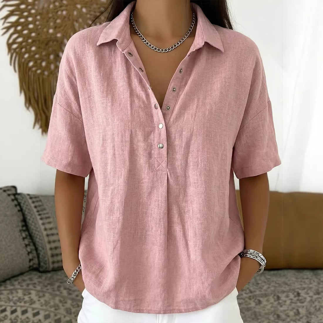 Women's Linen Short Sleeve Button Pullover Shirt