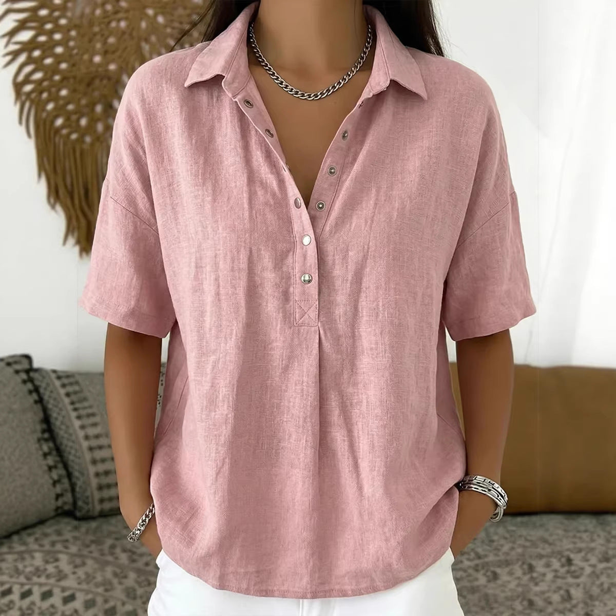Women's Linen Short Sleeve Button Pullover Shirt