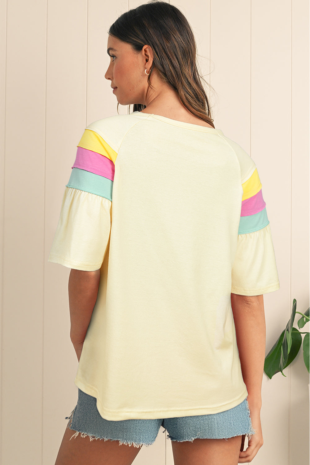 Women White Colorblock Striped T-Shirt with Flounce Sleeves - Image 2