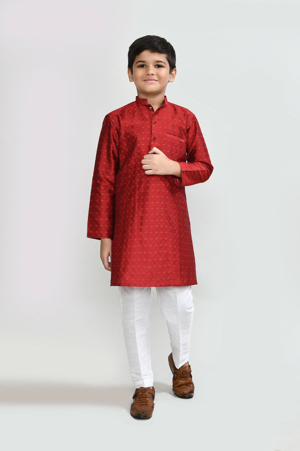 Red Jacquard Silk Kurta Set with Straight Fit Pants
