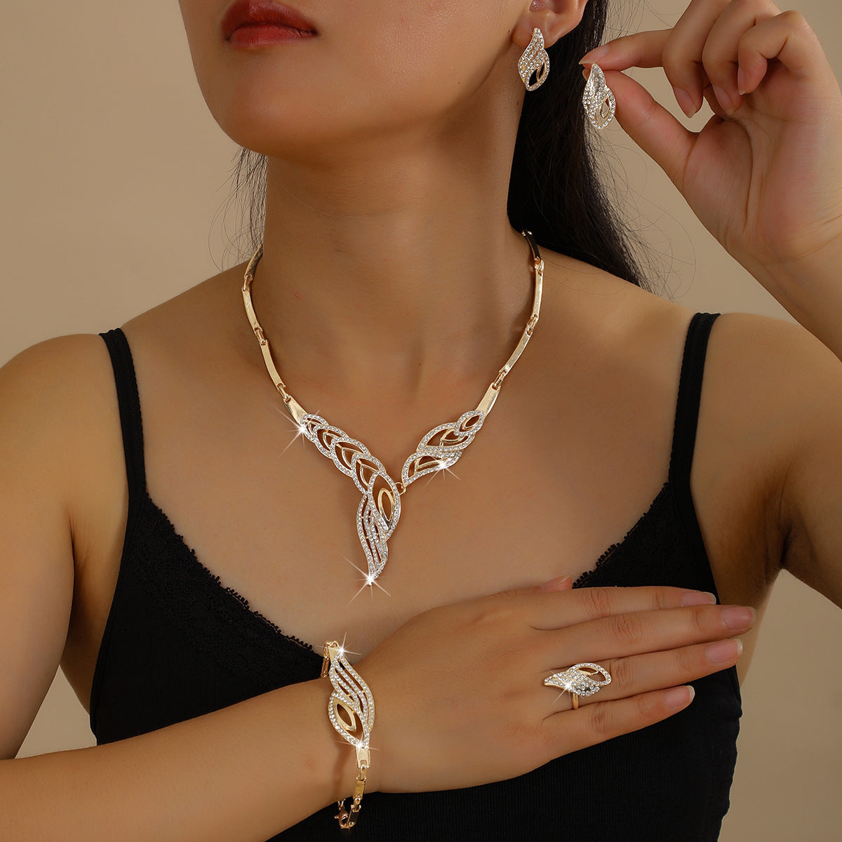 Factory Supply Direct Sales European And American Hot Selling Women's Alloy Rhinestone Necklace Jewelry Set Bridal Wedding Banquet Jewelry