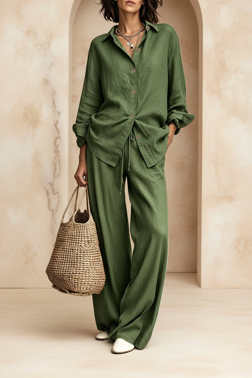 Women's Button-Down Shirt & Wide-Leg Pants Set