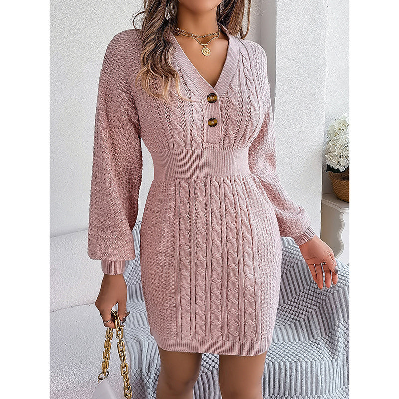 Women's Cable Knit V-Neck Sweater Dress with Button Detail