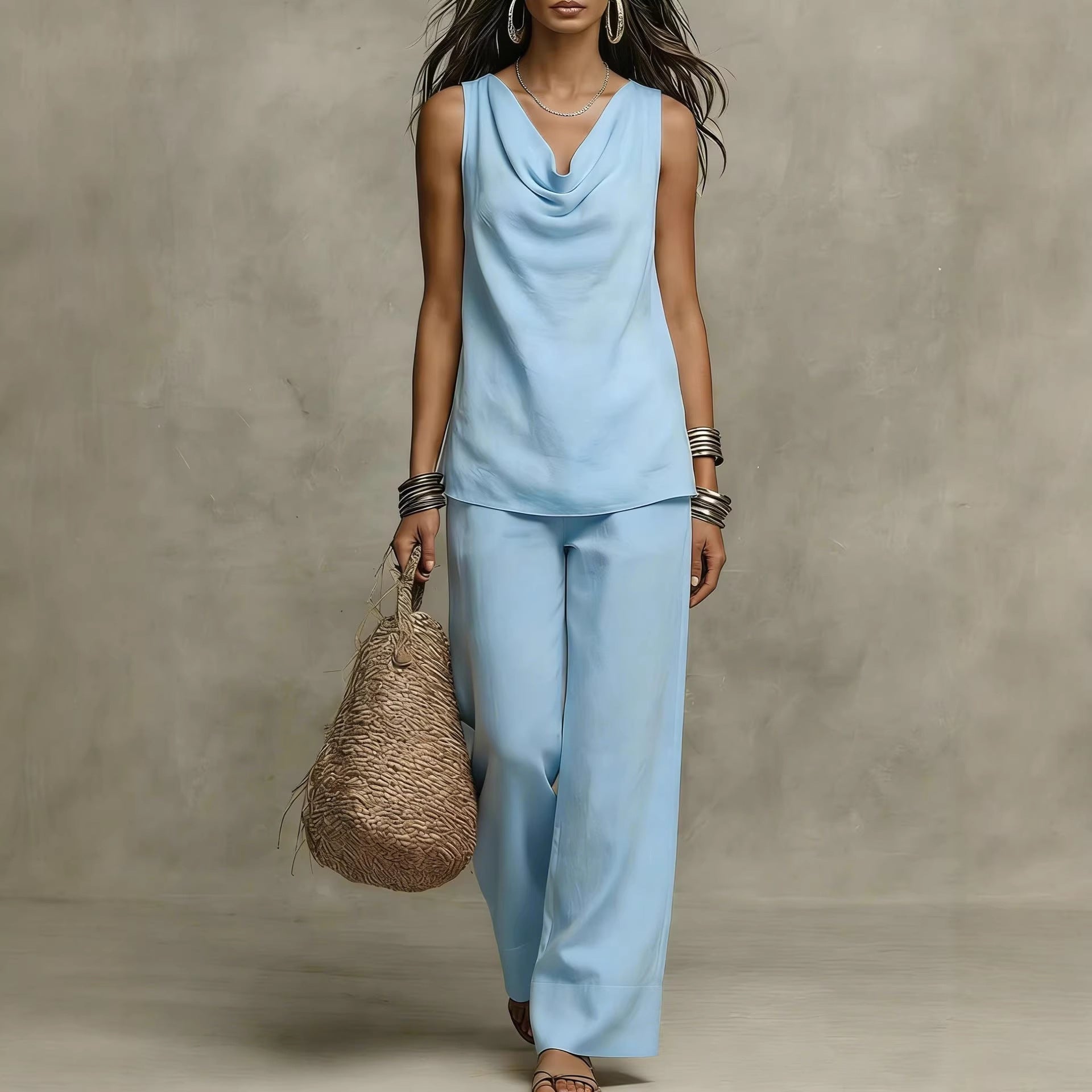 Women's Cowl Neck Sleeveless Tank and Wide Leg Pant Set - Image 2