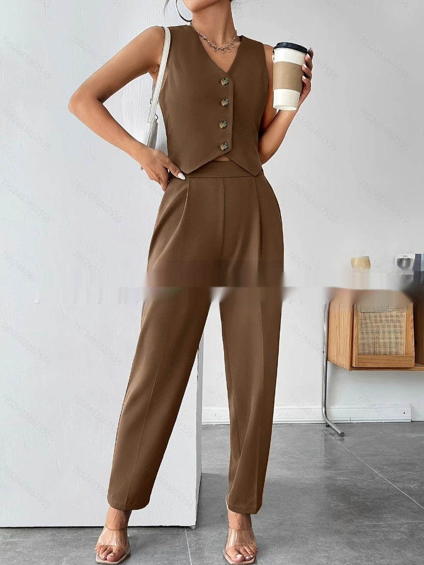 Women’s Coffee Sleeveless Vest and Trouser Jumpsuit Set - Image 5