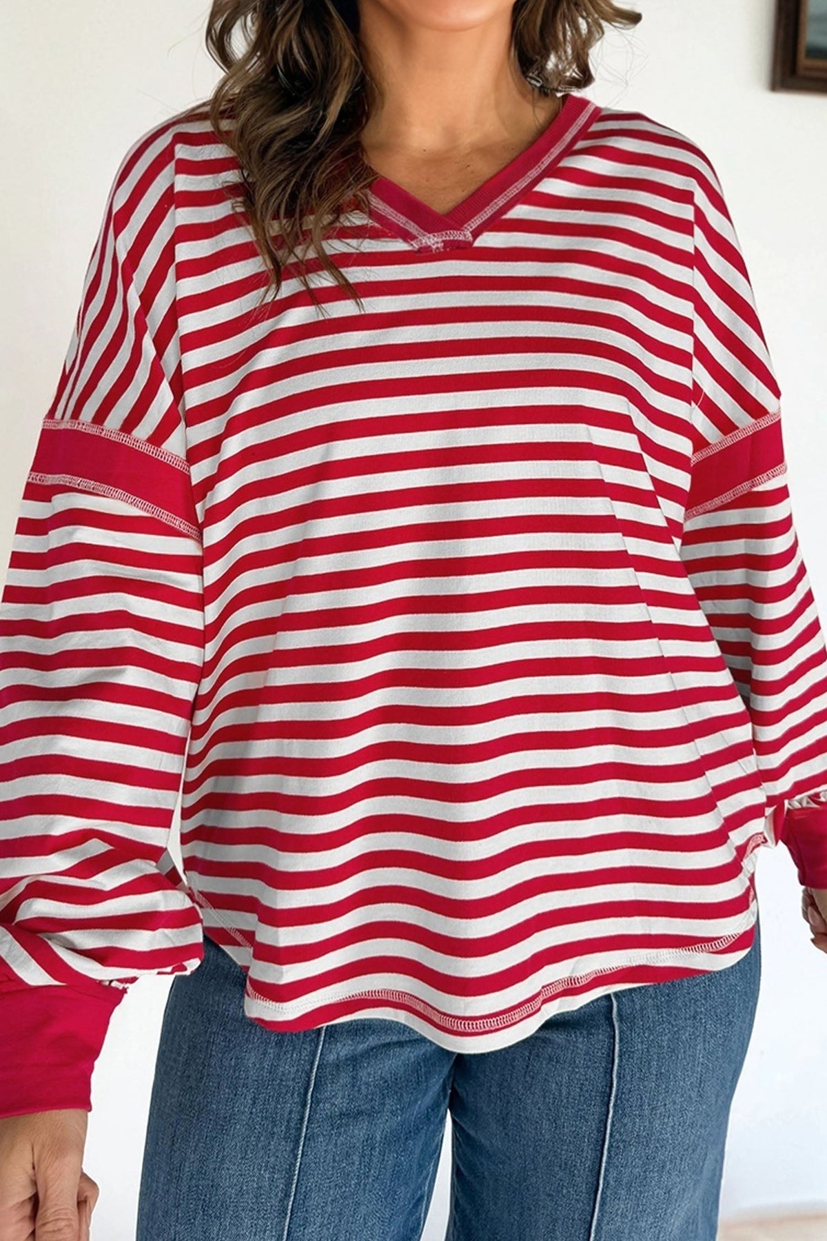 Stripe Reverse Seam V-Neck Balloon Sleeve Pullover