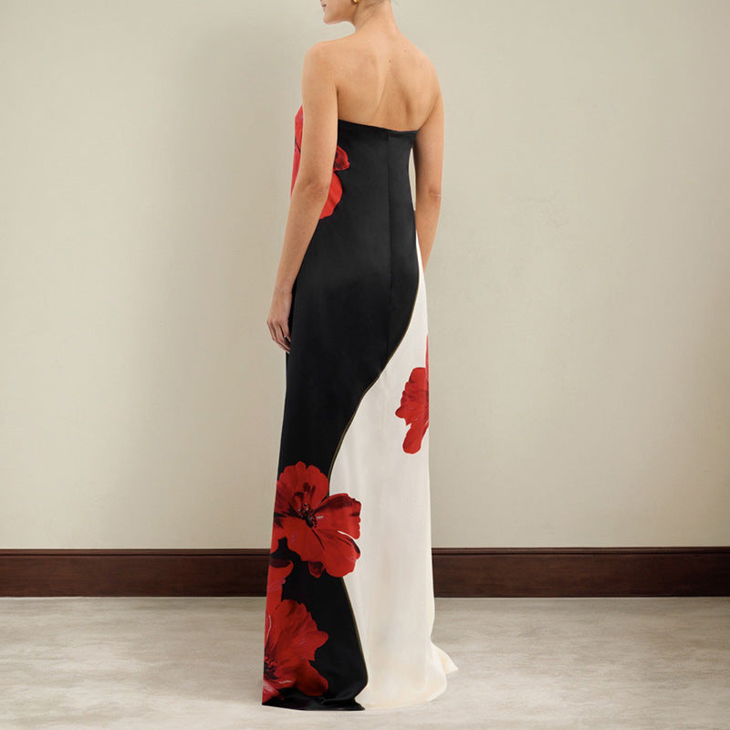 Contrast Color Sleeveless Satin Floral Tube Top Long Dress