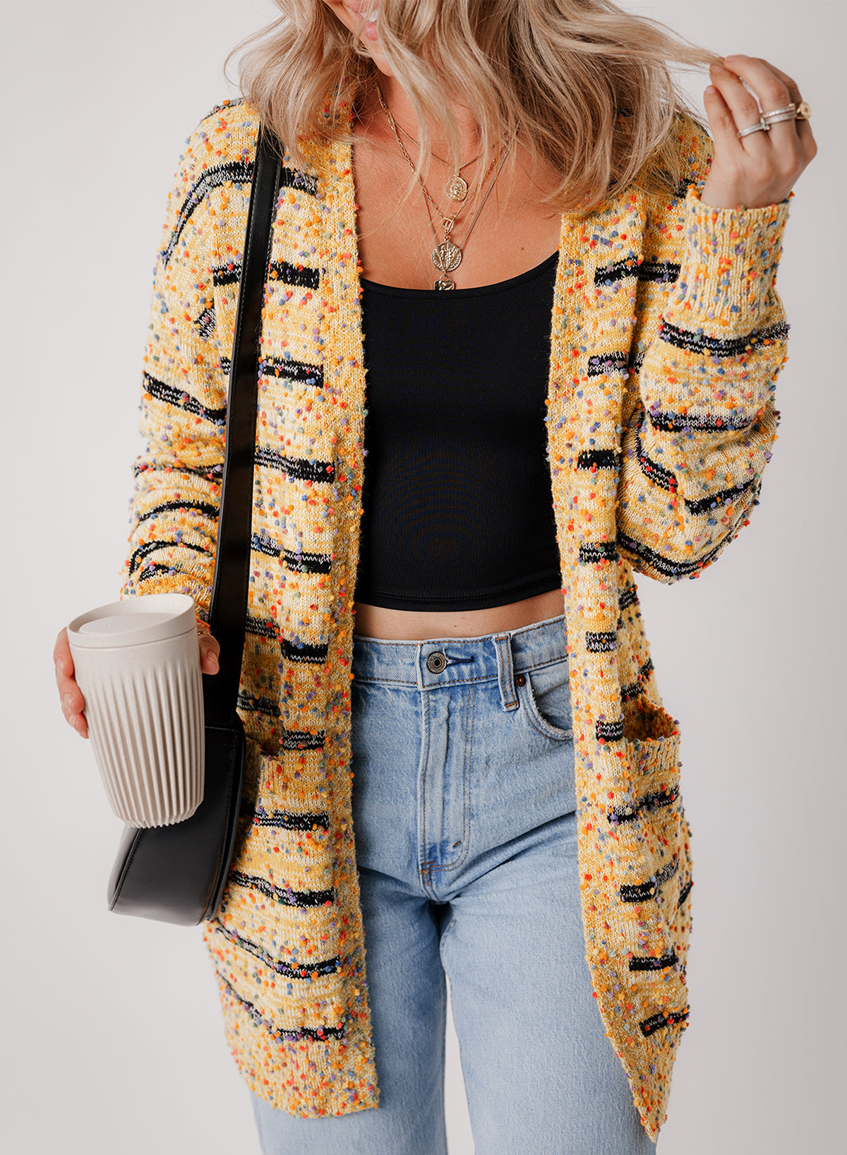 Yellow Striped Pom Pom Knit Open Front Long Cardigan Sweater