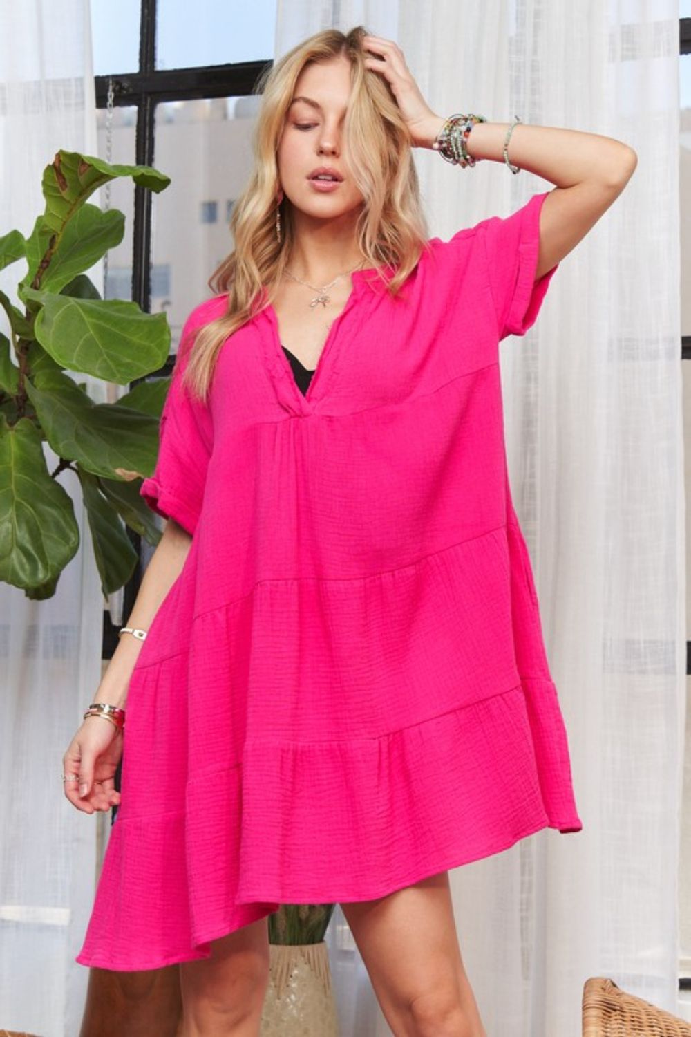 Adora Tiered Notched Short Sleeve Summer Dress