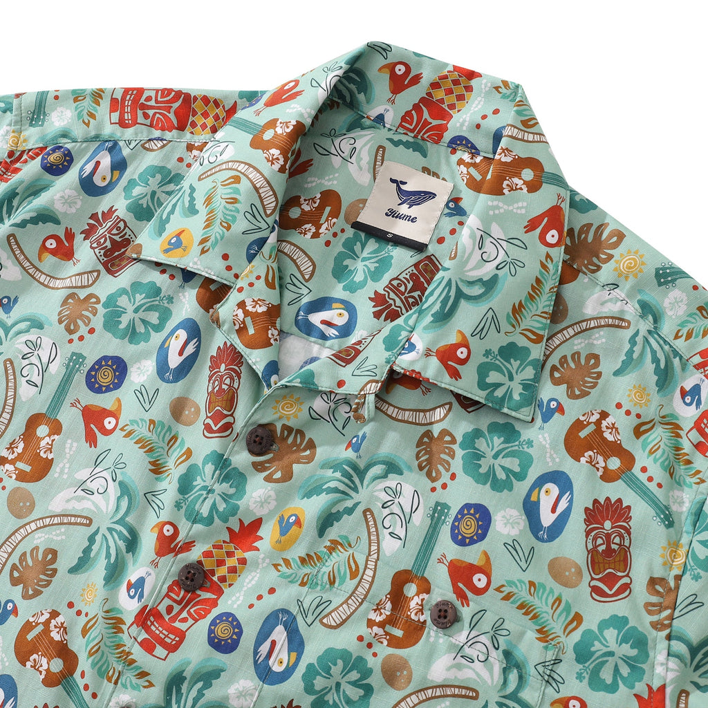 Men's TIKI Fiesta Print 100% Cotton Camp Collar Hawaiian Shirt