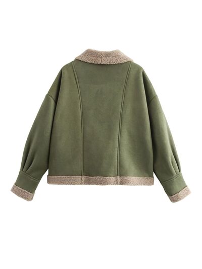 Women’s Fuzzy Collared Long Sleeve Jacket with Button Closure