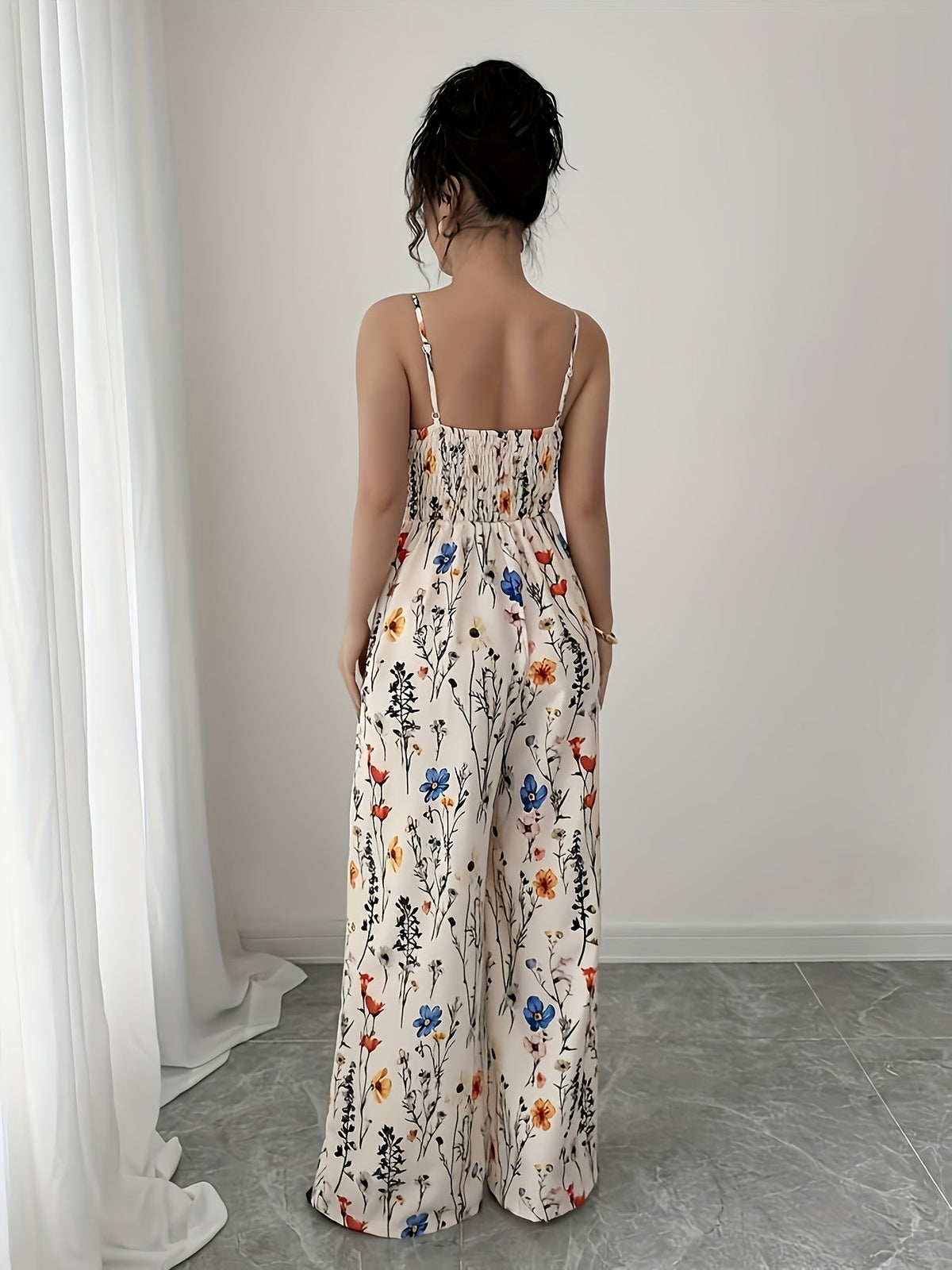 Elegant Floral Plunge Wide Leg Jumpsuit