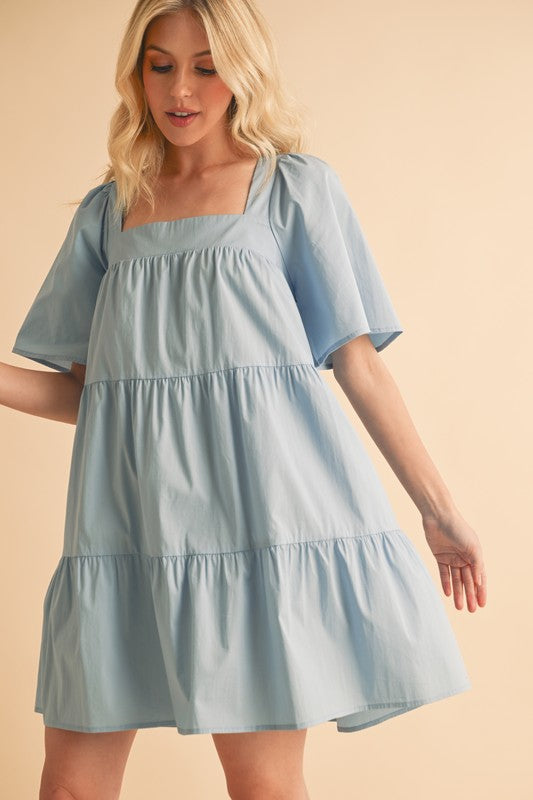 Light Blue Cotton Square Neck Tiered Summer Midi Dress