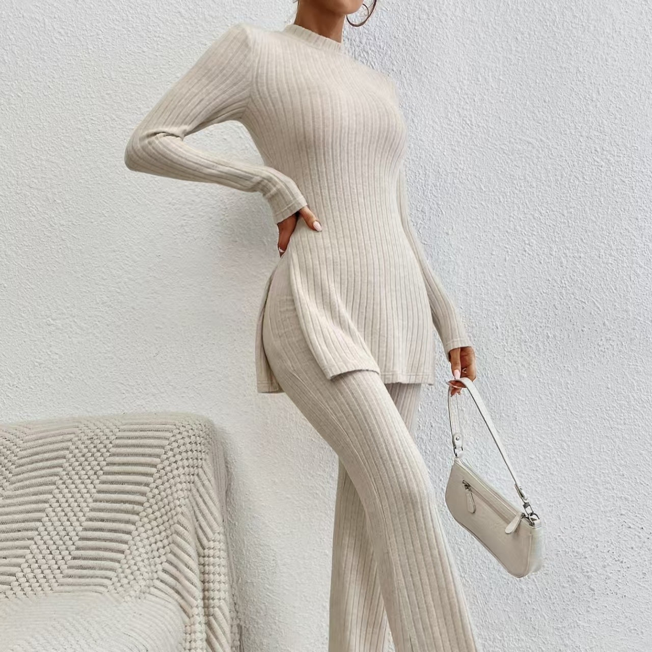 Women’s Ribbed Mock Neck Top and Wide Leg Pants Lounge Set