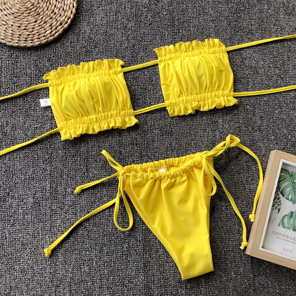 Yellow Ruched Bikini Set with Flirty Frill Trim and Tie Sides - Image 2