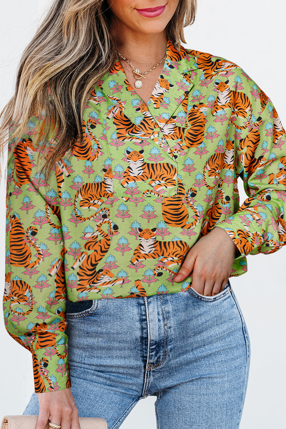 Tiger Floral Collared V-Neck Shirt