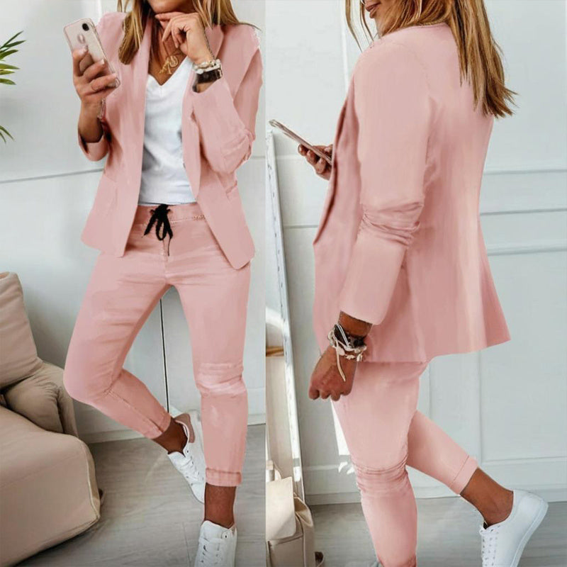 Women Notch-Lapel Blazer and Drawstring Pants Two-Piece Suit