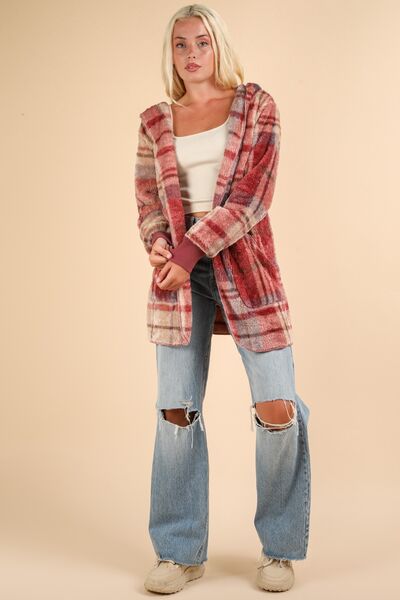 Fuzzy Plaid Hooded Jacket Long Sleeve Warm Casual Shacket