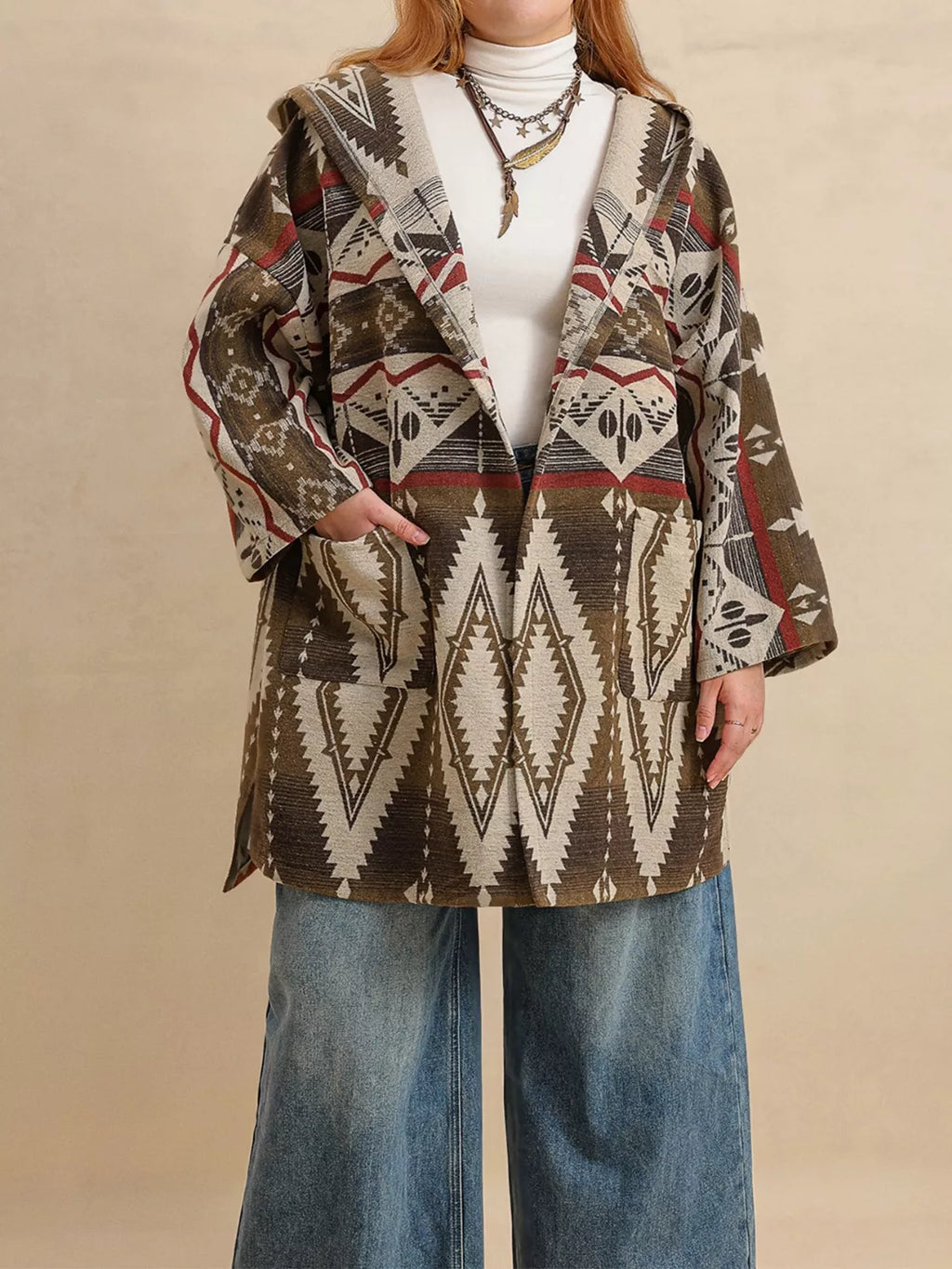 Aztec Print Hooded Open Front Cardigan with Pockets