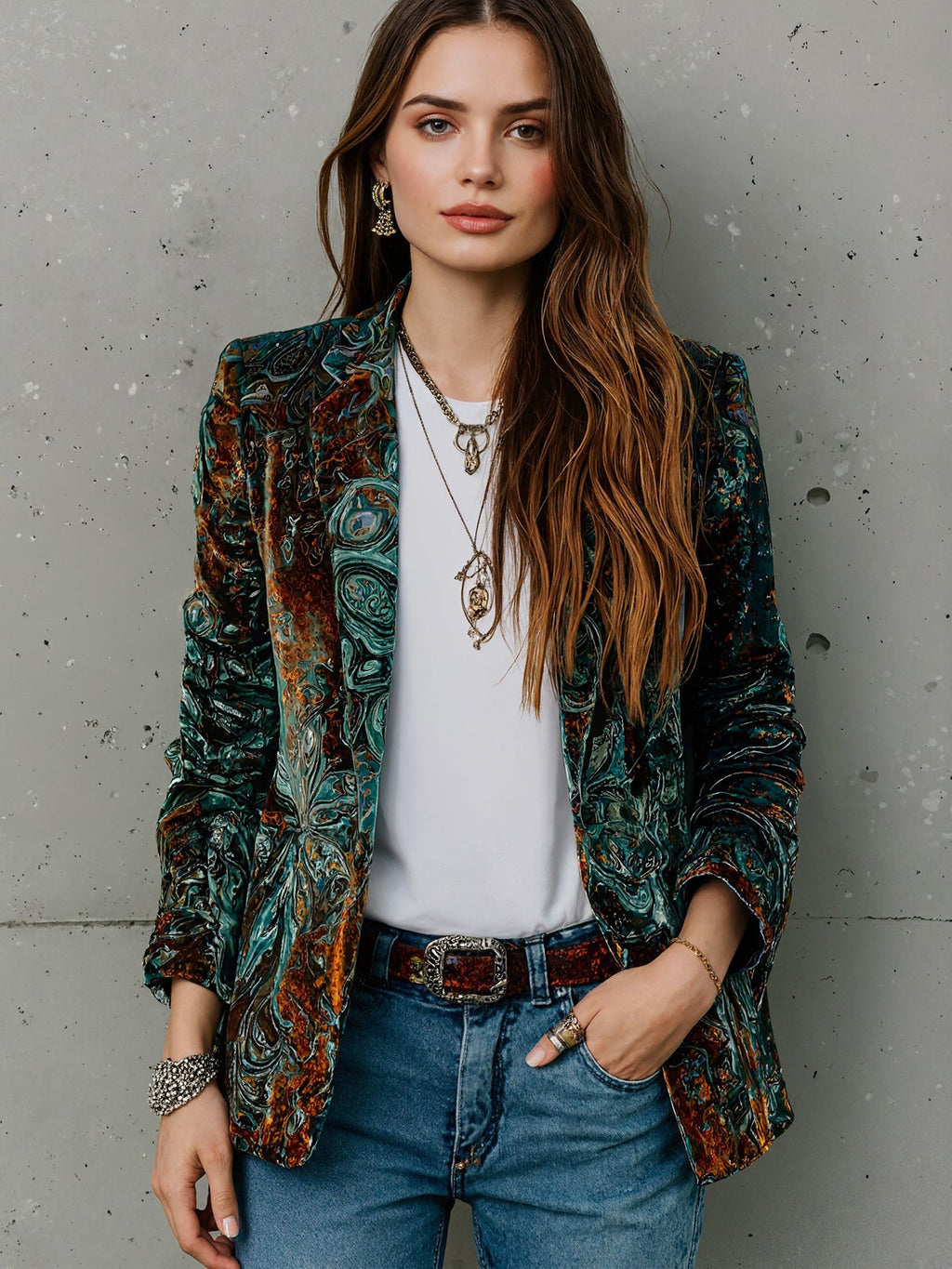 Women's Printed Velvet Blazer Autumn Winter Casual Commuter Jacket - Image 2