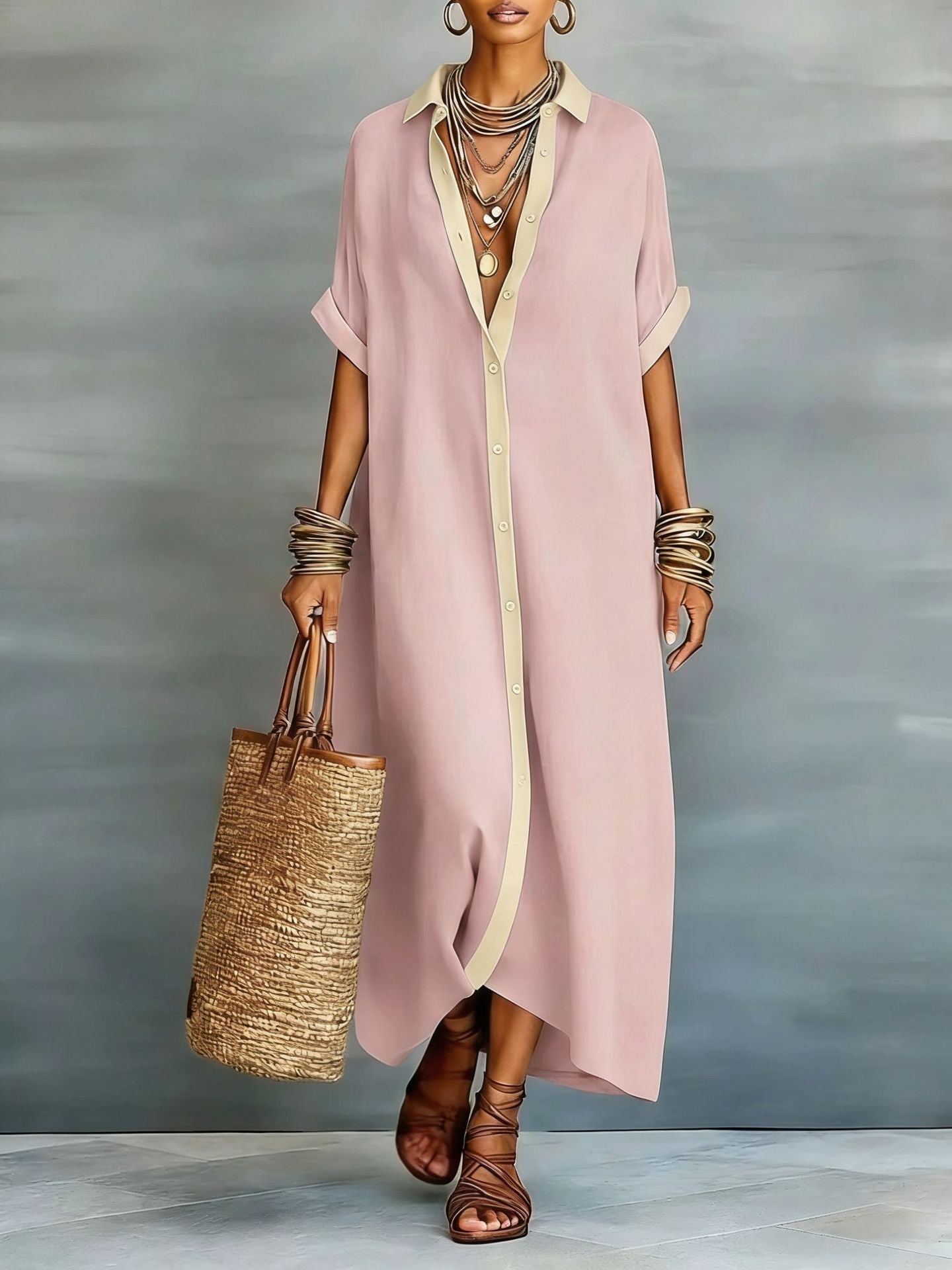 Color-Block Shirt Maxi Dress: Loose Button-Front Long Dress