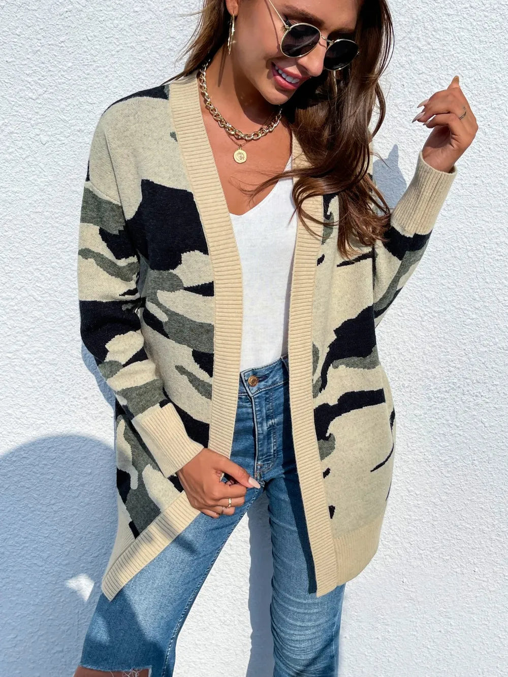 Camouflage Dropped Shoulder Open Front Cardigan | Viscose Knit