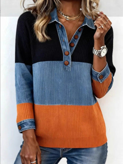 Contrast Color Button-Detail Knit Pullover Top