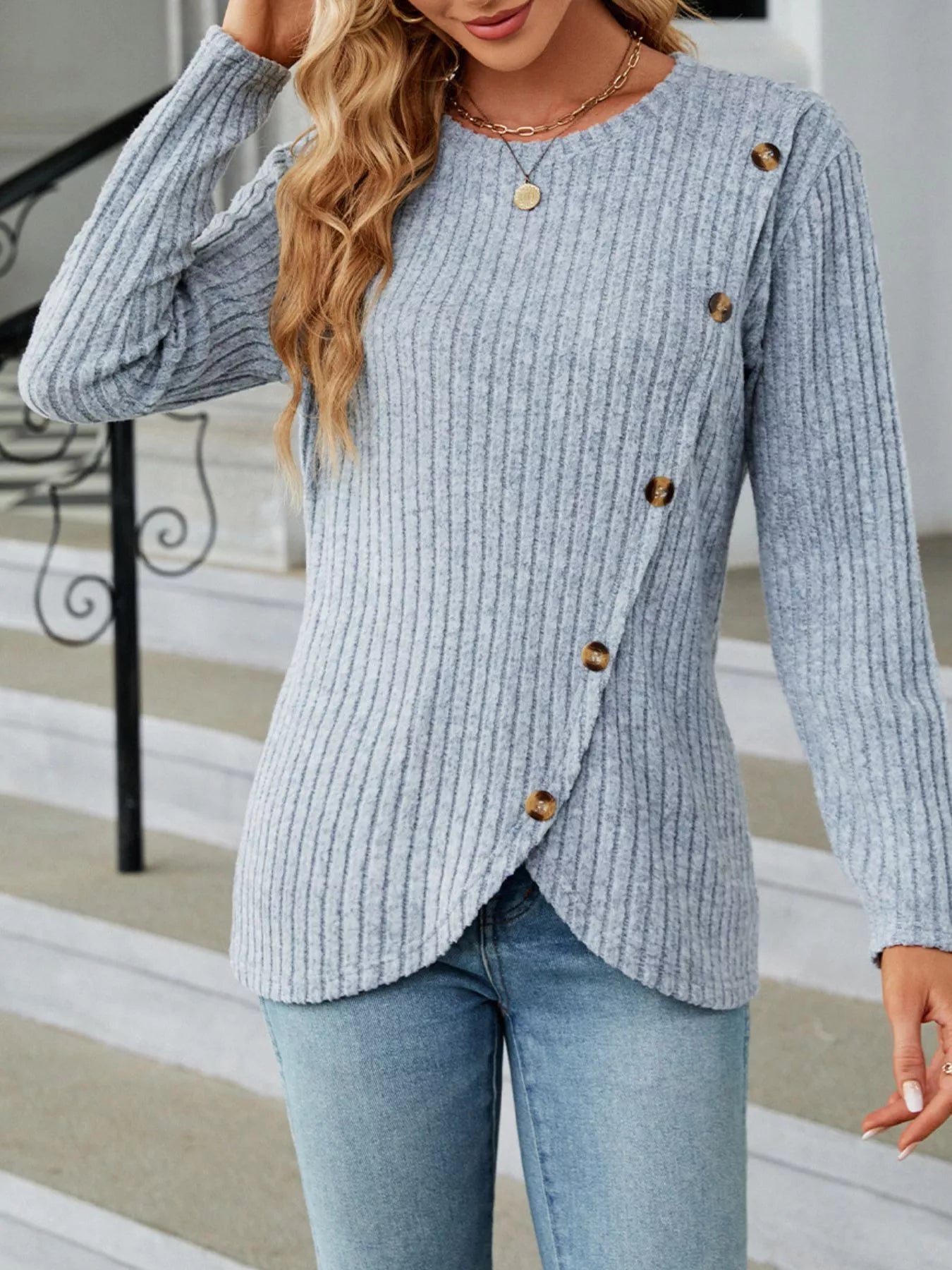Blue Ribbed Knit Long Sleeve Top with Decorative Button Detail - Image 2