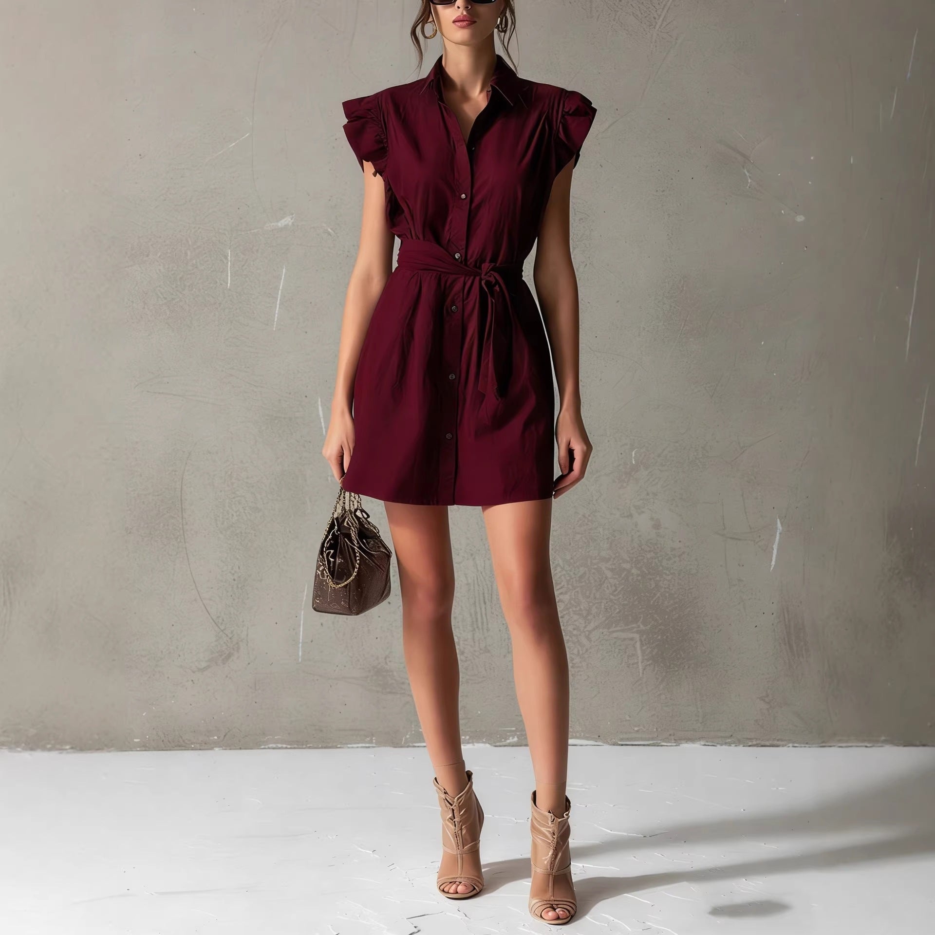 Women's Ruffle Sleeve Button-Down Shirt Dress with Waist Tie - Image 4