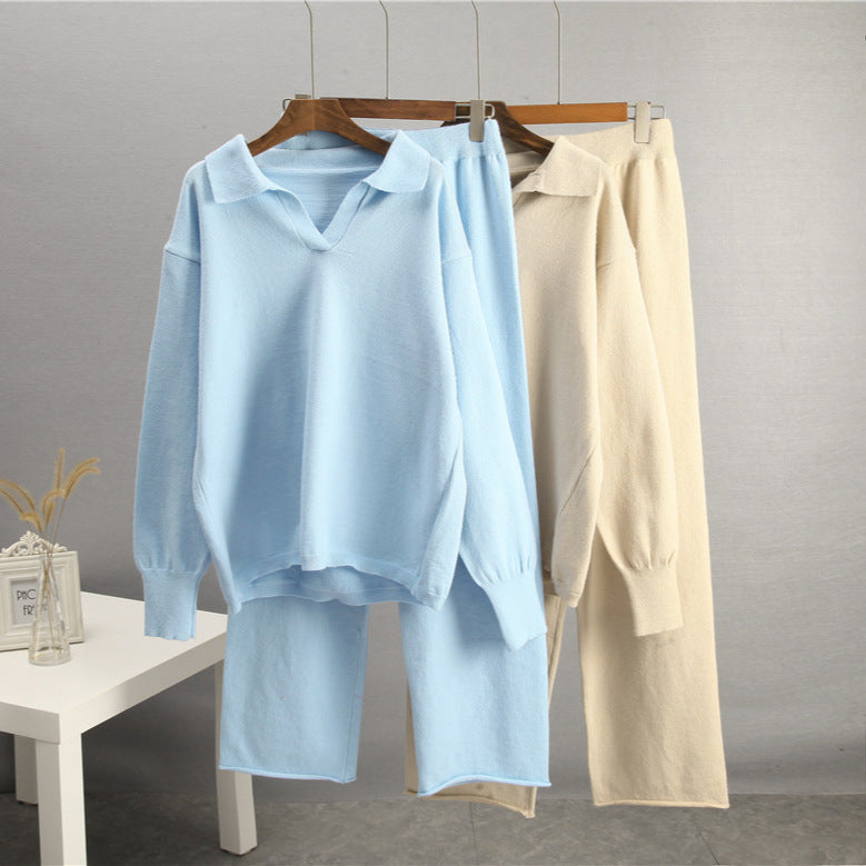Women's Solid Color Lapel Sweater Two-Piece Co-ord Set - Image 3