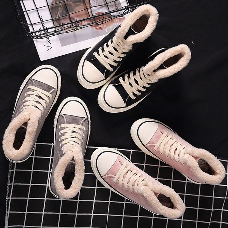 Women Plush Cotton Lined High Top Canvas Sneakers Winter Shoes
