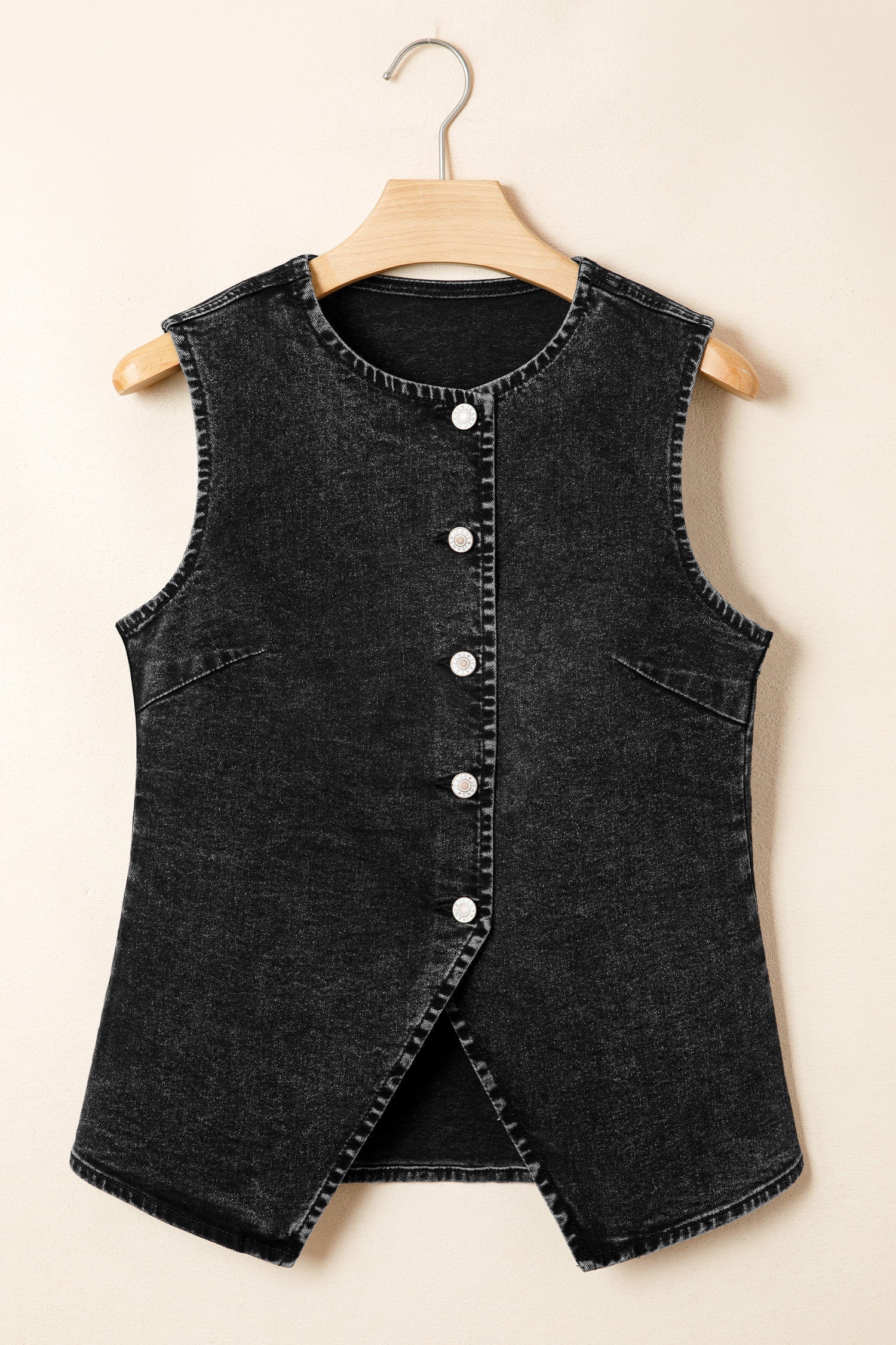 Solid Denim Buttoned Front Slit Vest - Blue and Black