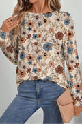 Khaki Floral Print Loose Crew Neck Long Sleeve T-Shirt
