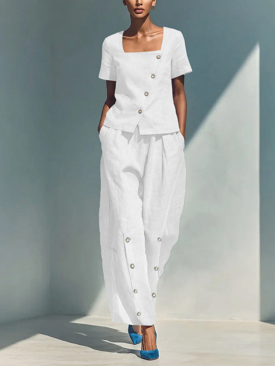 Women's Short Sleeve Square Neck Top and Buttoned Pant Set - Image 9