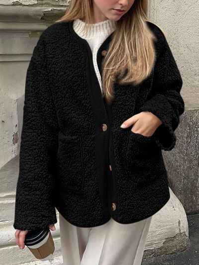 Women's Cozy Sherpa Fleece Button Up Jacket with Functional Pockets