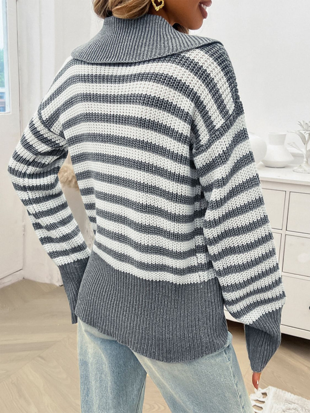 Women's Collared Striped Knit Sweater in Brown and White - Image 27