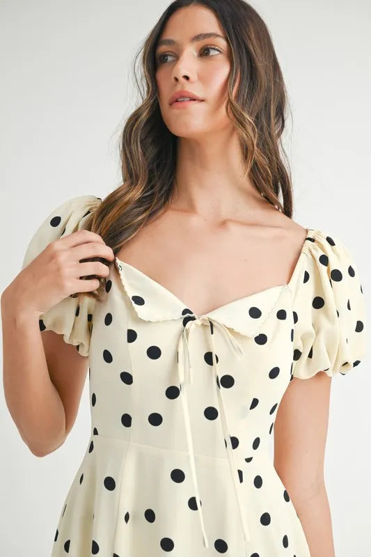 Vintage Polka Dot Puff Sleeve Midi Dress with Retro Flutter