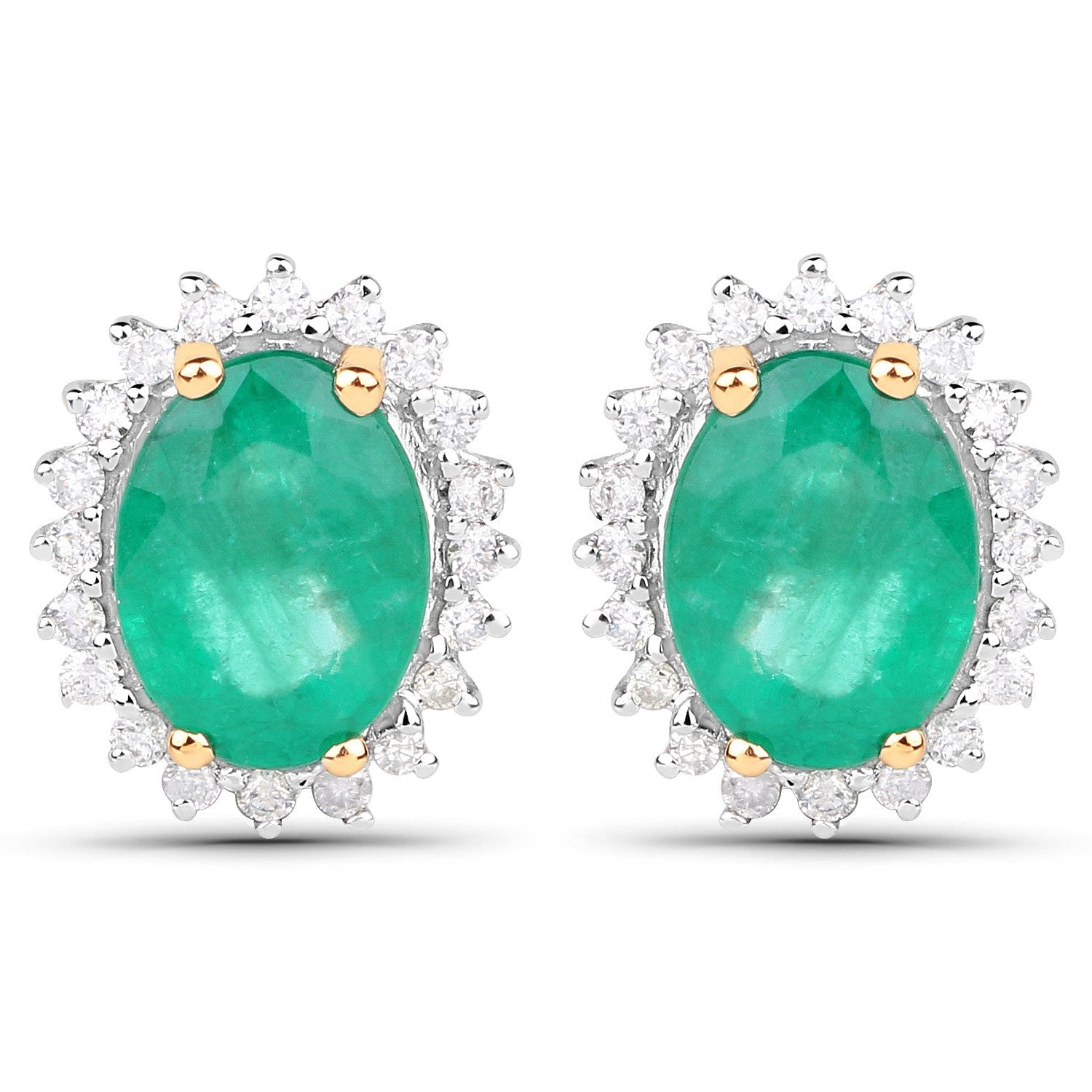 2.66 Carat Genuine Zambian Emerald and White Diamond 14K Yellow Gold Earrings